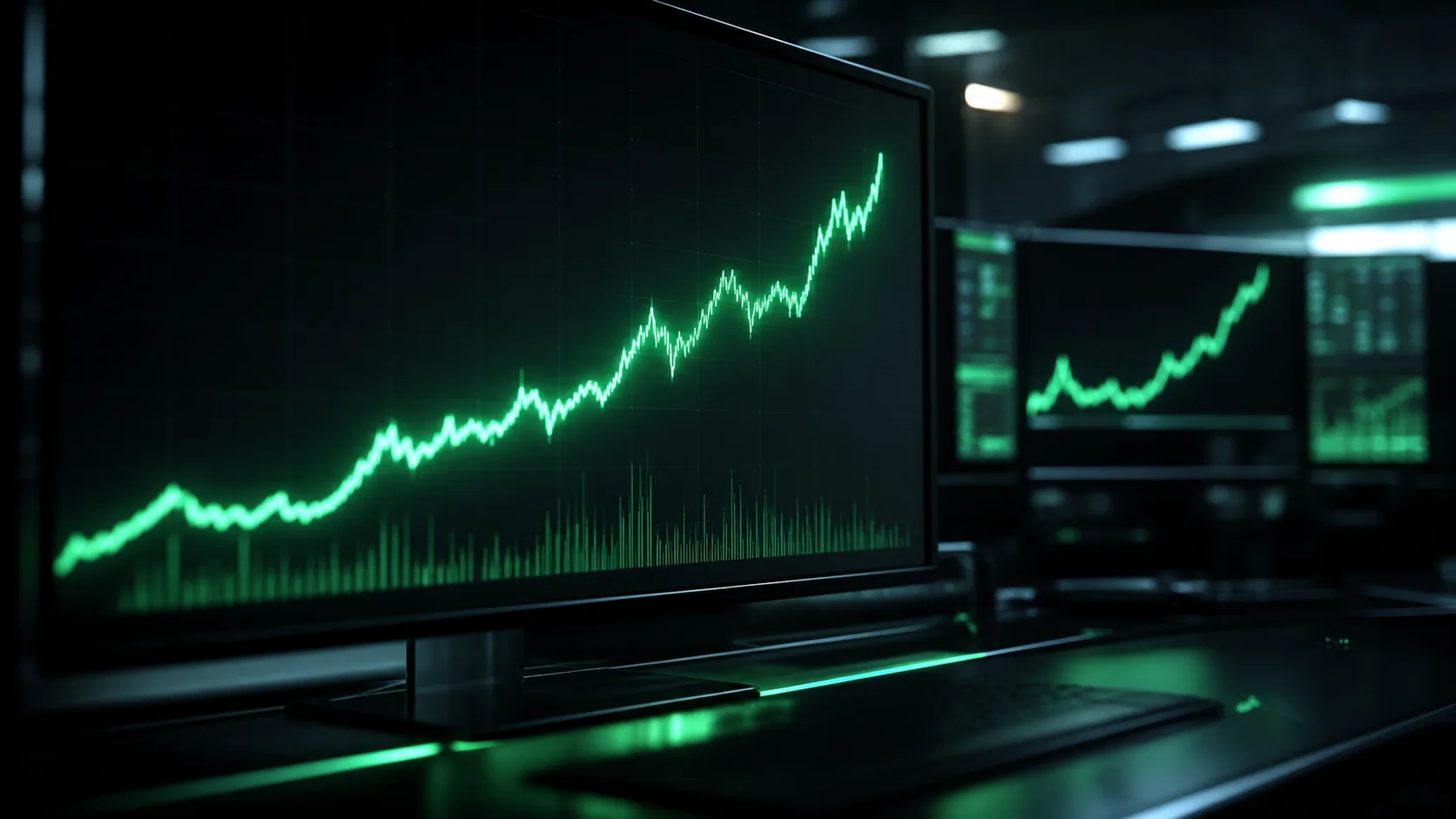Rising mint green graph on dark trading screens