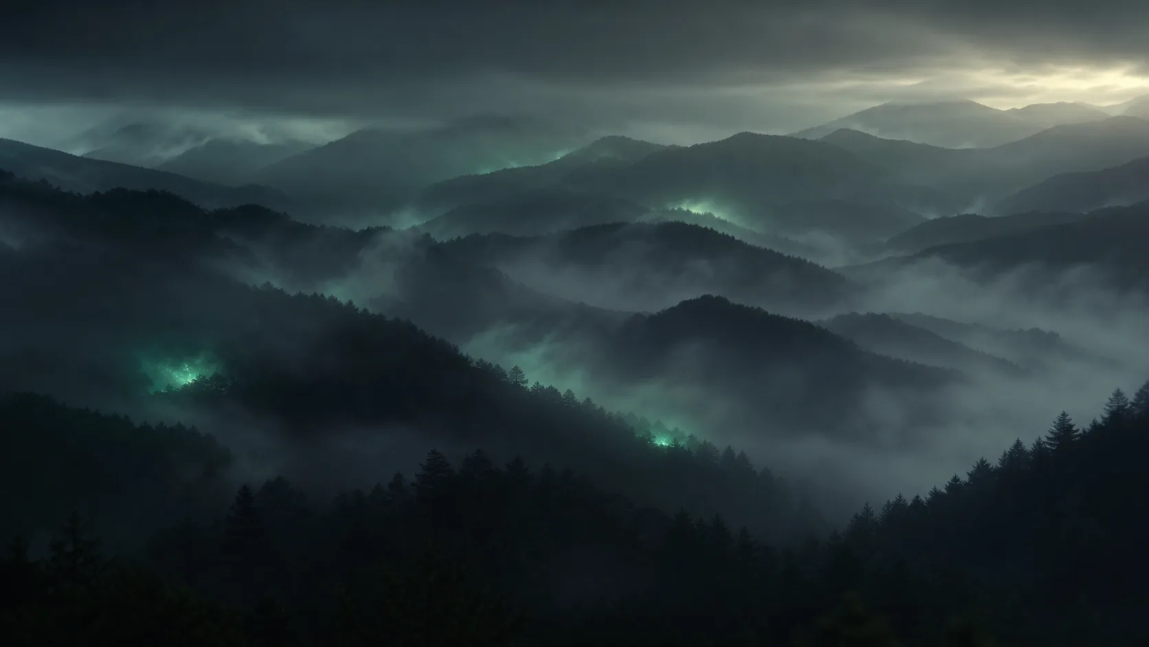 appalachian mountains in fog at dusk, moody dark