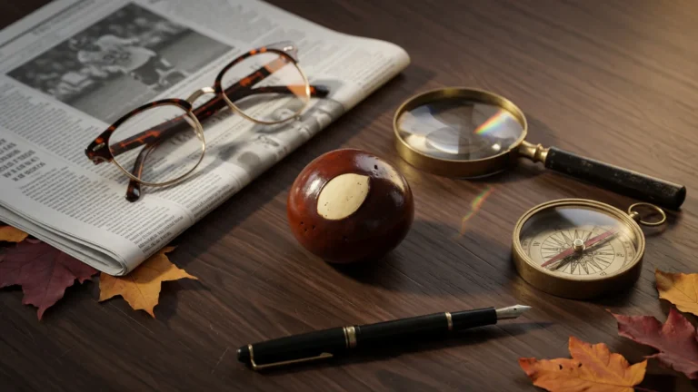 Editorial still life featuring a polished buckeye seed on a dark wooden desk alongside reading glasses, a magnifying glass, a